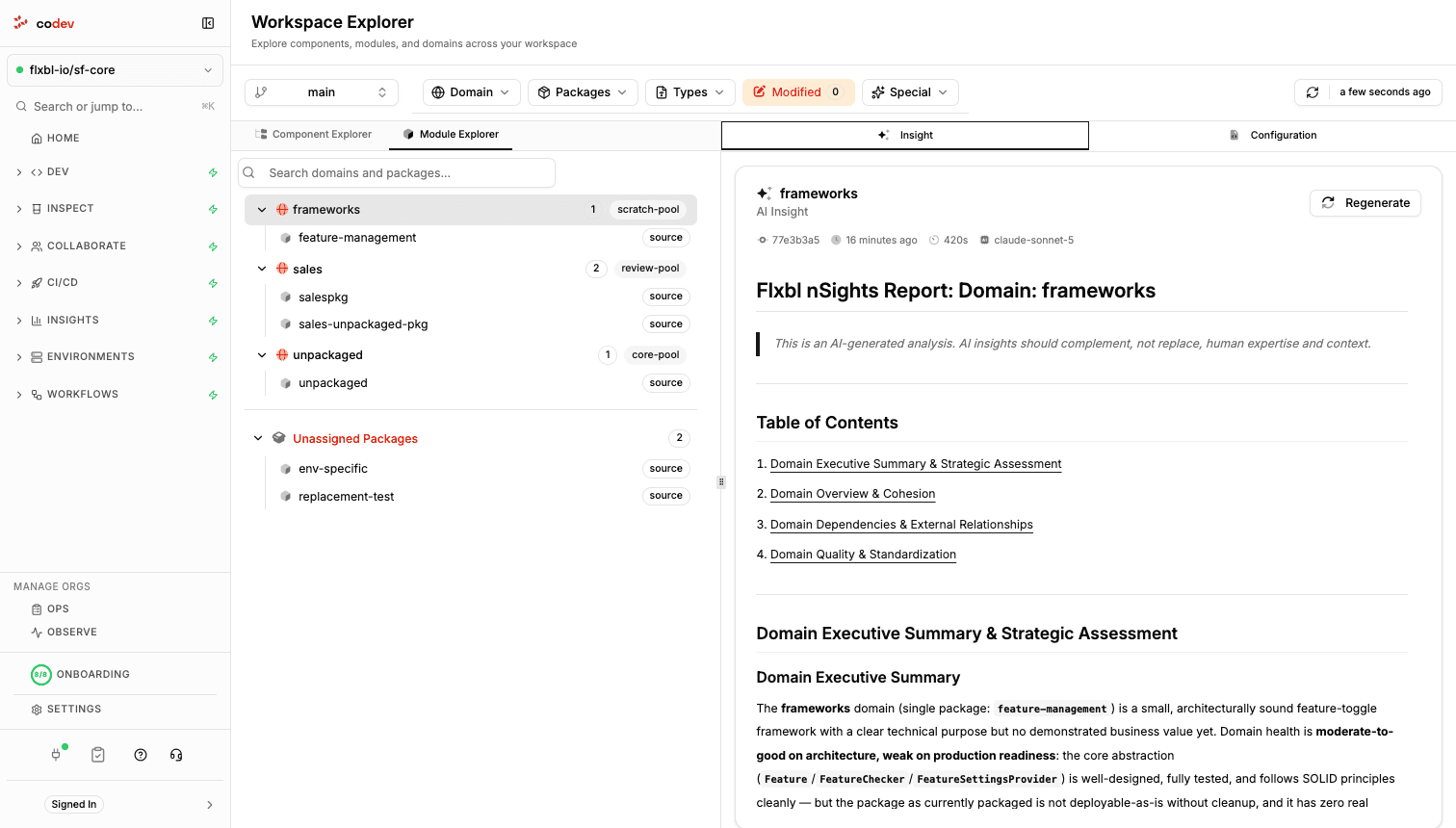 The Module Explorer with the frameworks domain selected and its AI insight report open, showing the report header with commit, age, duration, and model, and the report's table of contents