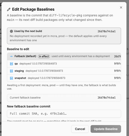 The Edit Package Baselines dialog, showing the target to edit — fallback default or a named environment — and a field for the full commit SHA to compare against