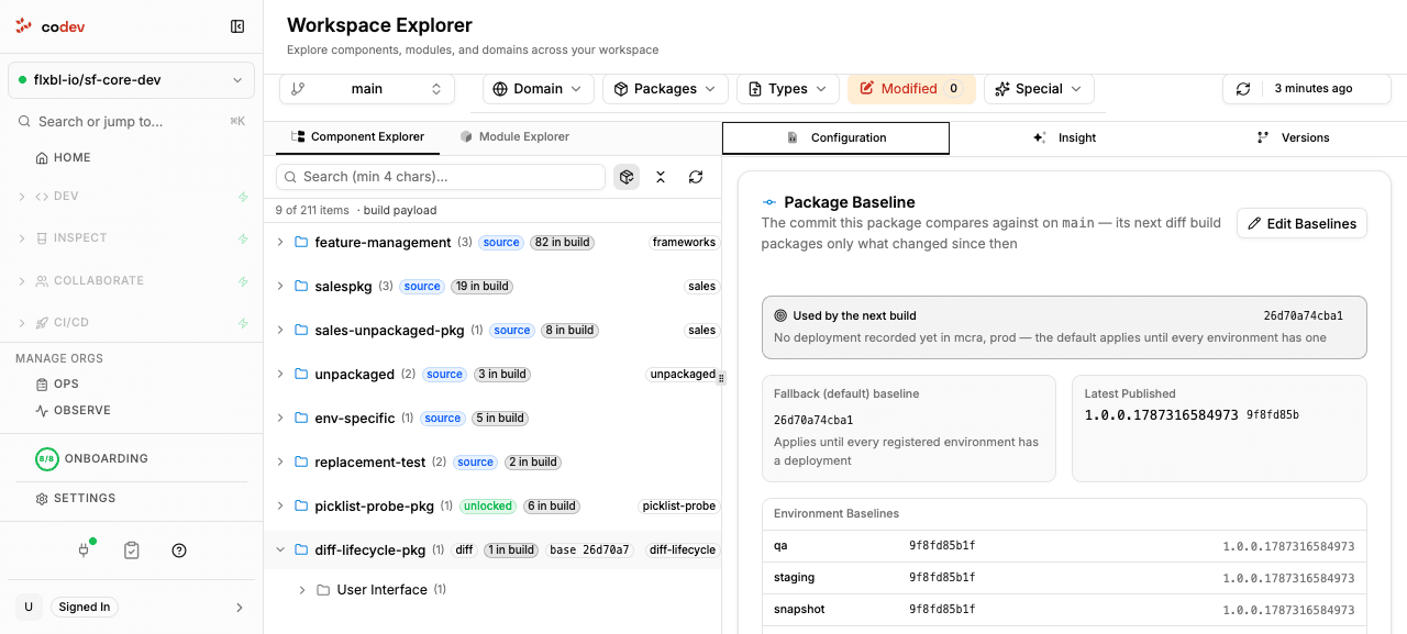 The Configuration tab for a diff package, showing the Package Baseline card with the fallback baseline, latest published version, per-environment baselines, and an Edit Baselines button