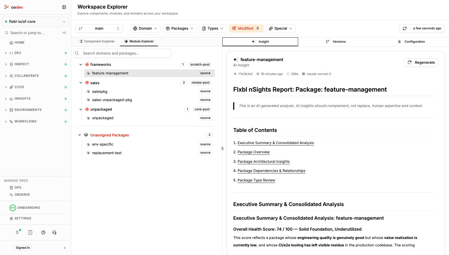 A package insight report showing an overall health score with executive summary, table of contents, and the report metadata chips for commit, age, duration, and model