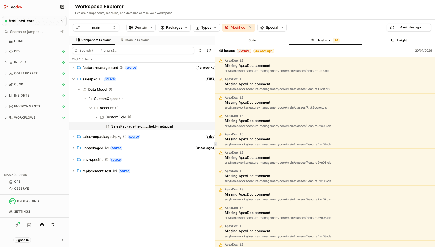 The web Workspace Explorer's Component Explorer with a field selected and the Analysis tab listing code analysis findings with severity, rule, and file path
