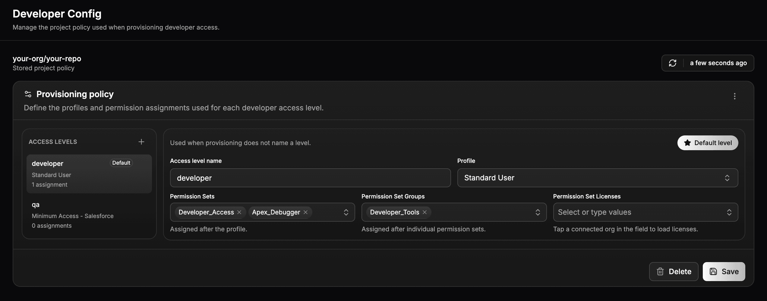 The Developer Config page showing two access levels