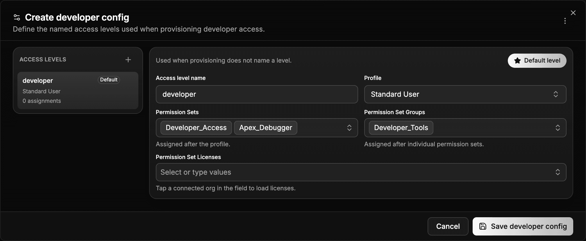 The create developer config dialog