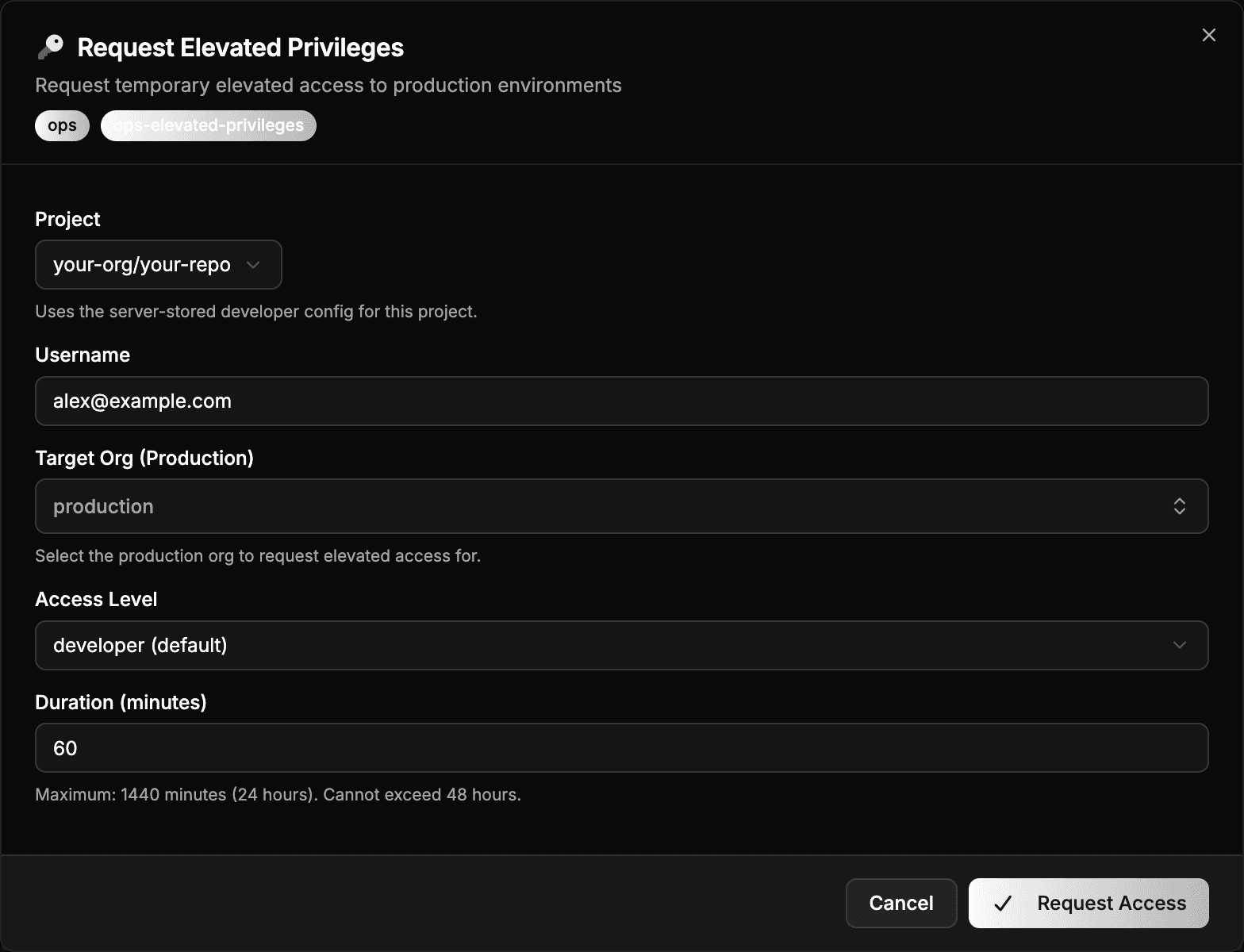The elevated privileges request form with an access level