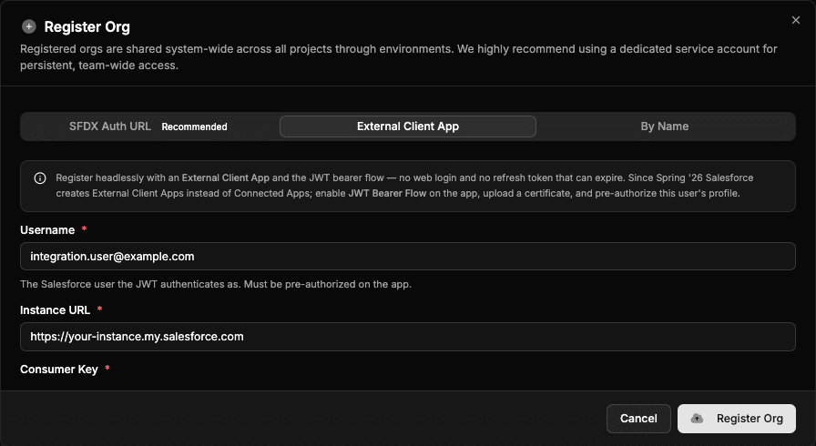 Register Org dialog with the External Client App tab selected, showing Username and Instance URL fields