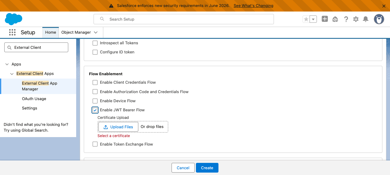 Flow Enablement section with Enable JWT Bearer Flow ticked and the Certificate Upload control beneath it