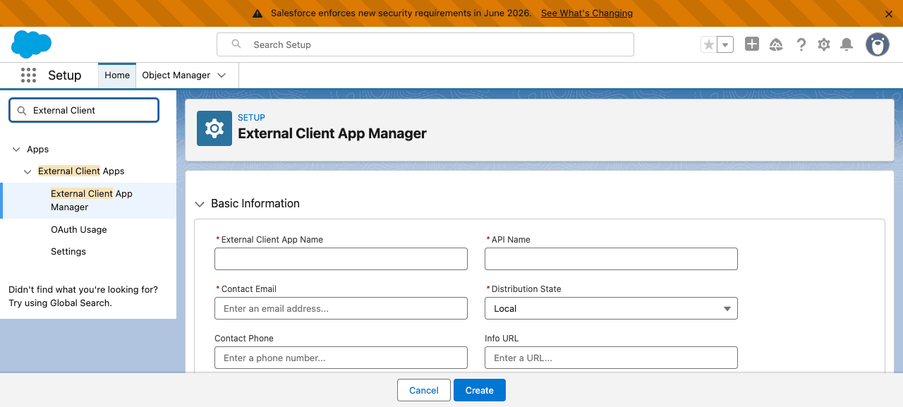 Salesforce New External Client App form showing the Basic Information section