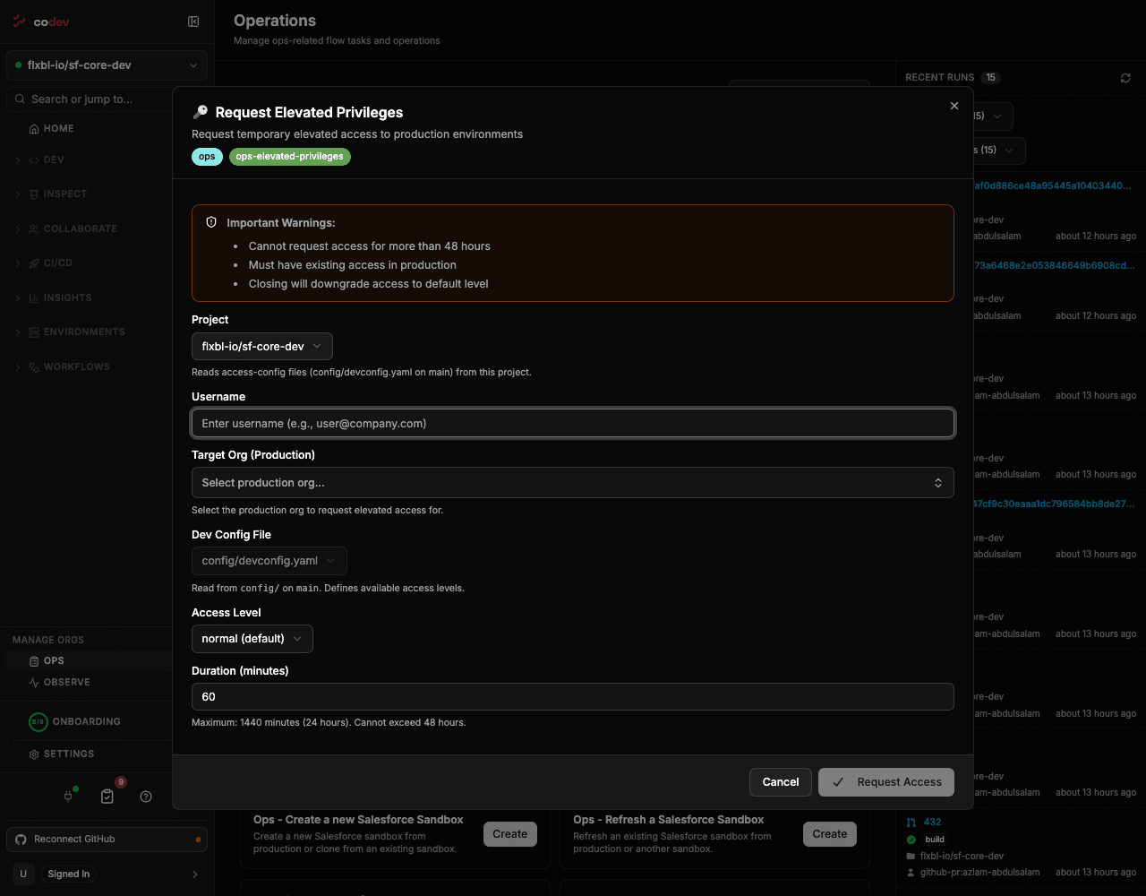 The Request Elevated Privileges dialog