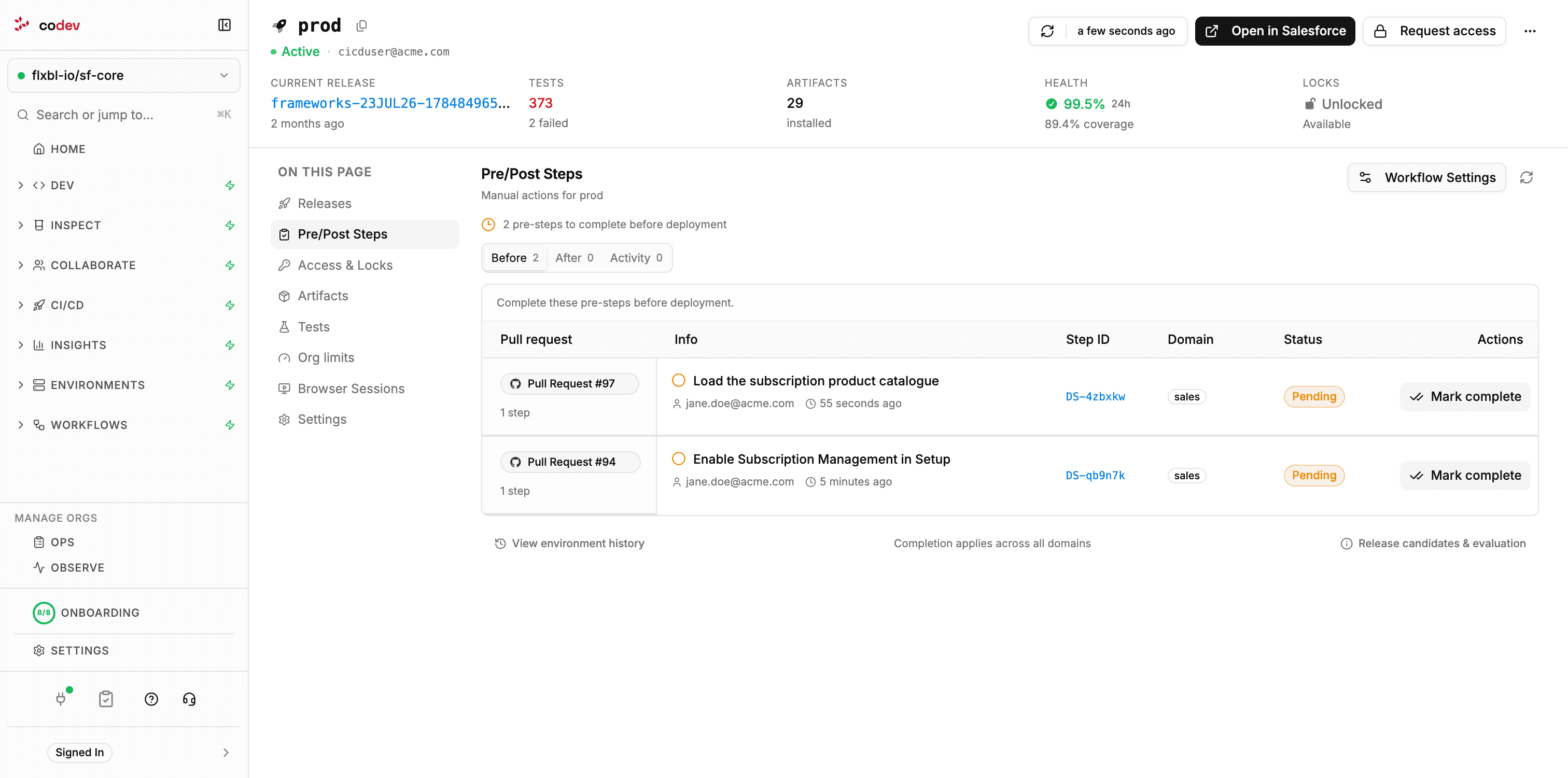 An environment's Pre/Post Steps section listing pending pre-deployment steps