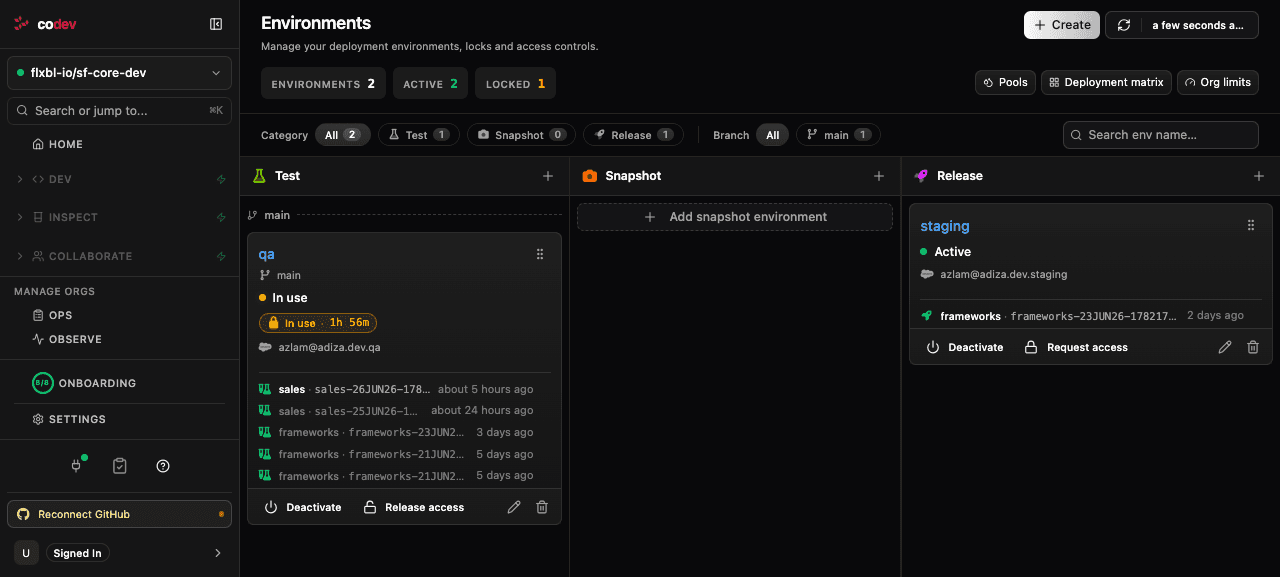 The Environments page with environments grouped by category, each showing its status, branch, and recent deploys