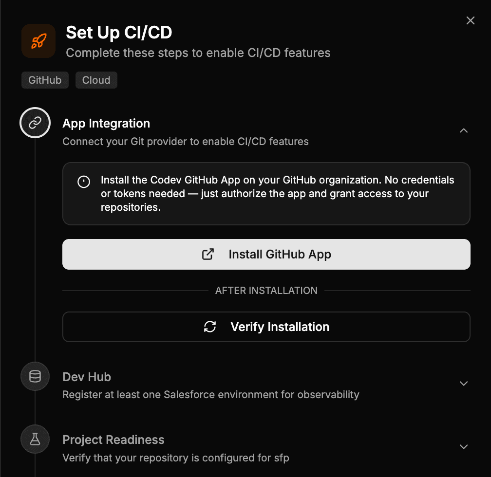 App Integration step on the cloud instance with the Install GitHub App and Verify Installation buttons