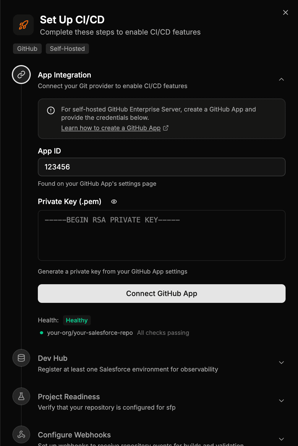 App Integration step showing the GitHub App credential form and a healthy connection
