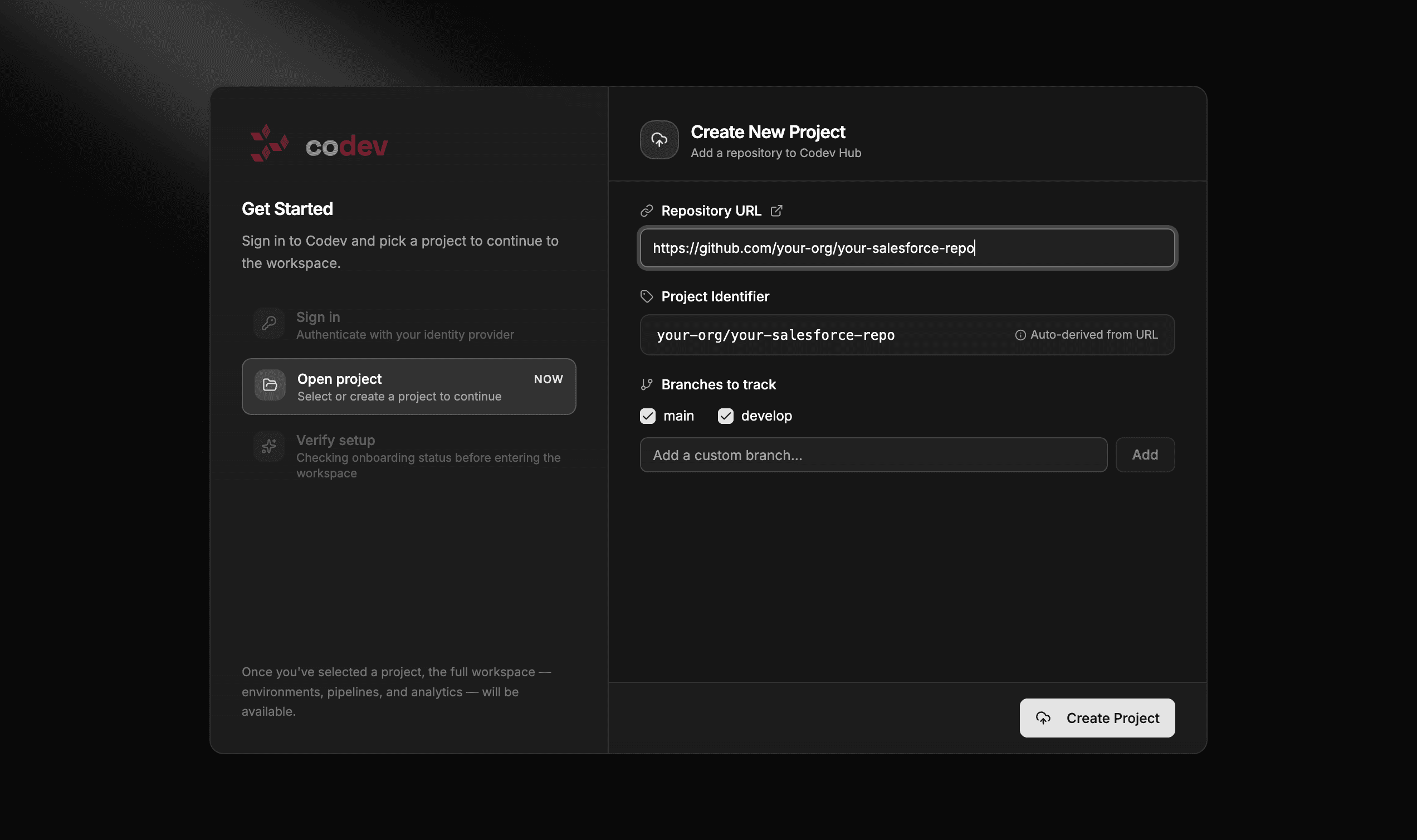 Create New Project panel with the Branches to track selector