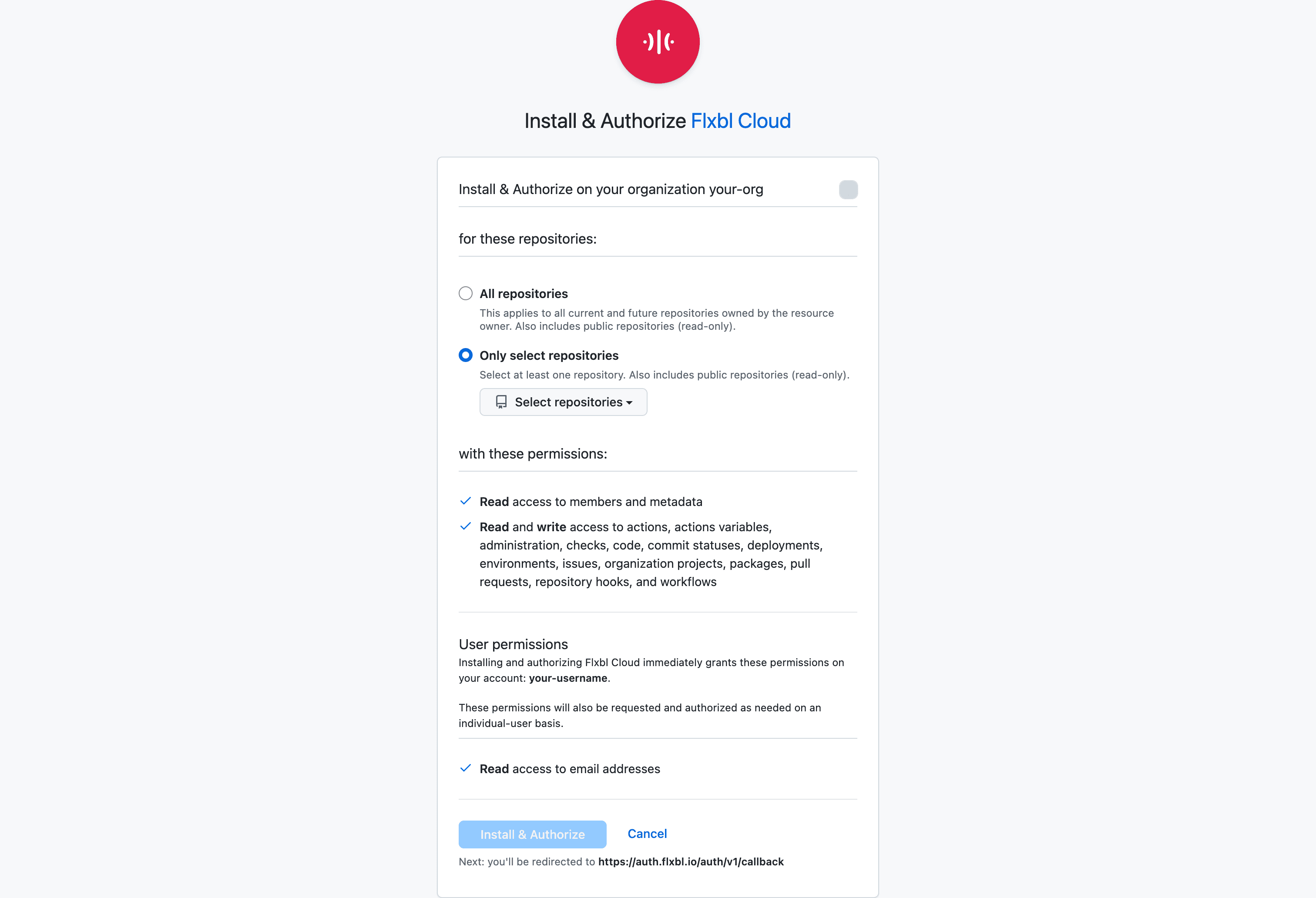 GitHub's Install and Authorize page with the Only select repositories option and the Select repositories picker