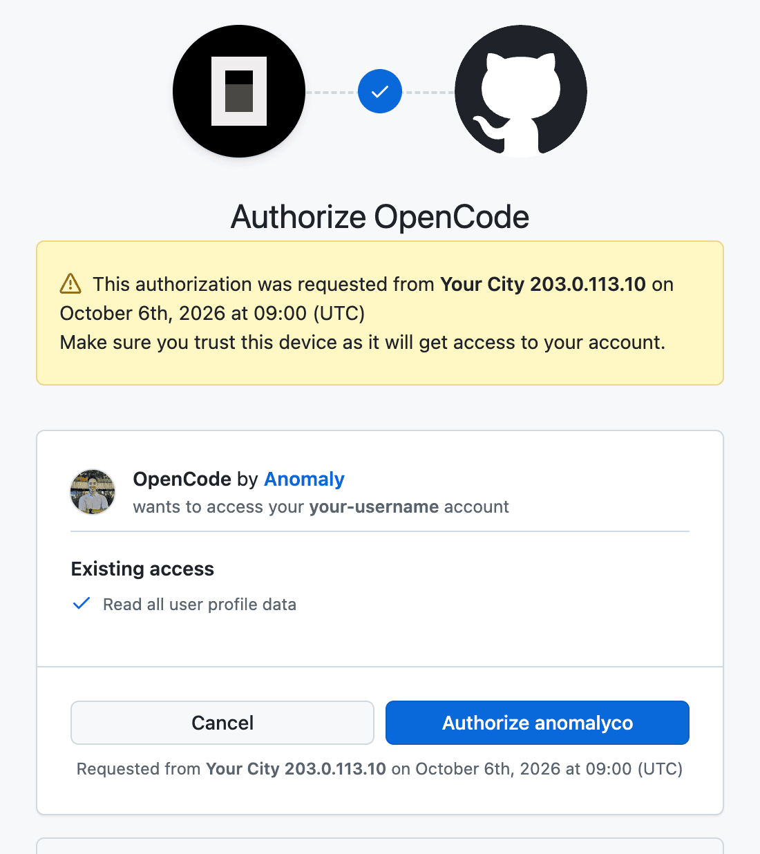 GitHub's Authorize OpenCode page with the Authorize anomalyco button