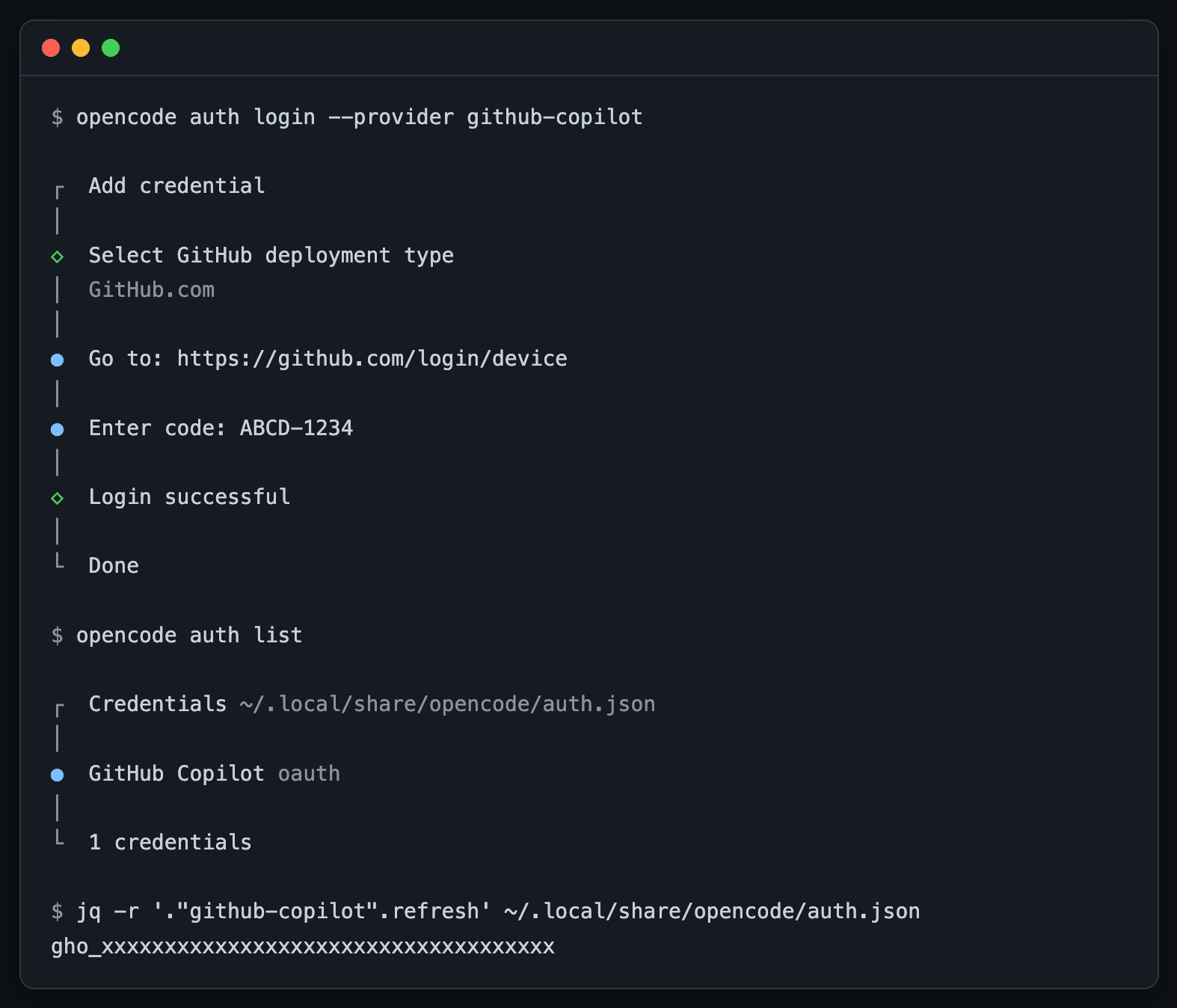 Terminal output of opencode auth login, opencode auth list and the jq command that prints a gho_ token