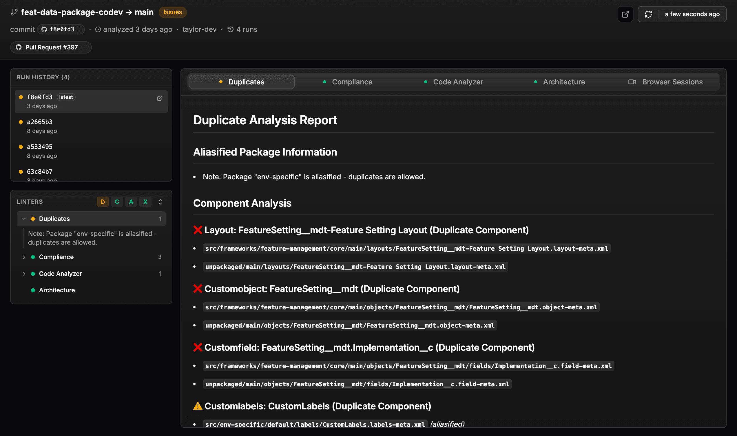 Change Analysis detail view