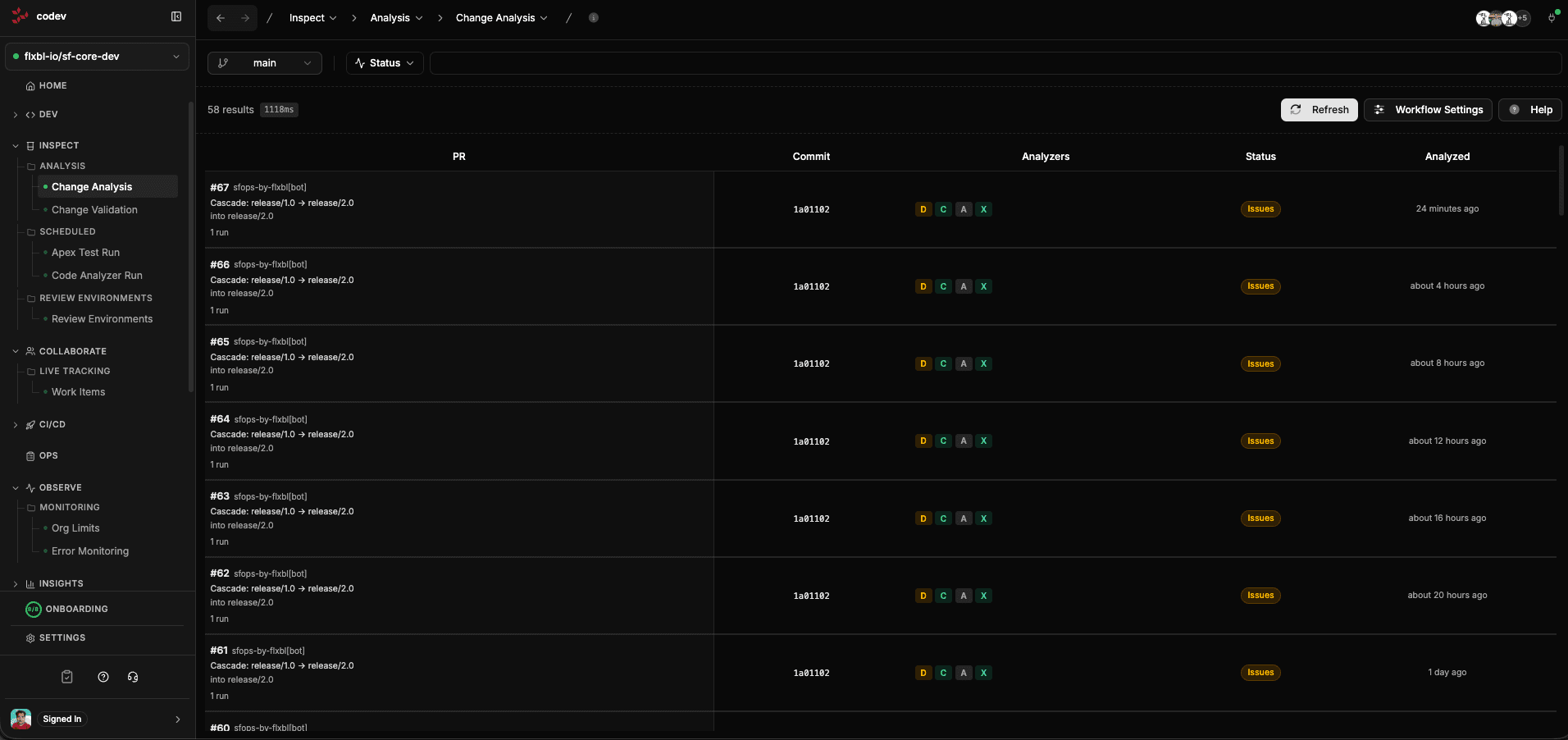 Change Analysis page