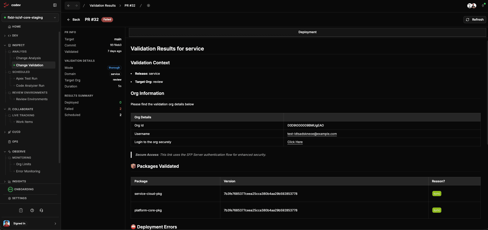 Change validation results with deployment and test outcomes per package
