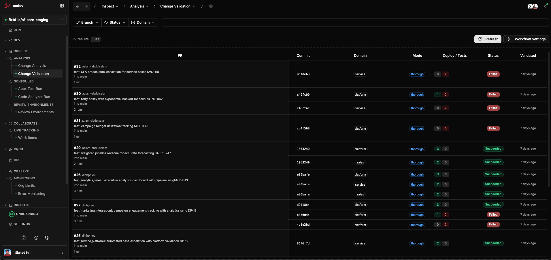 Change Validation runs list with status per pull request