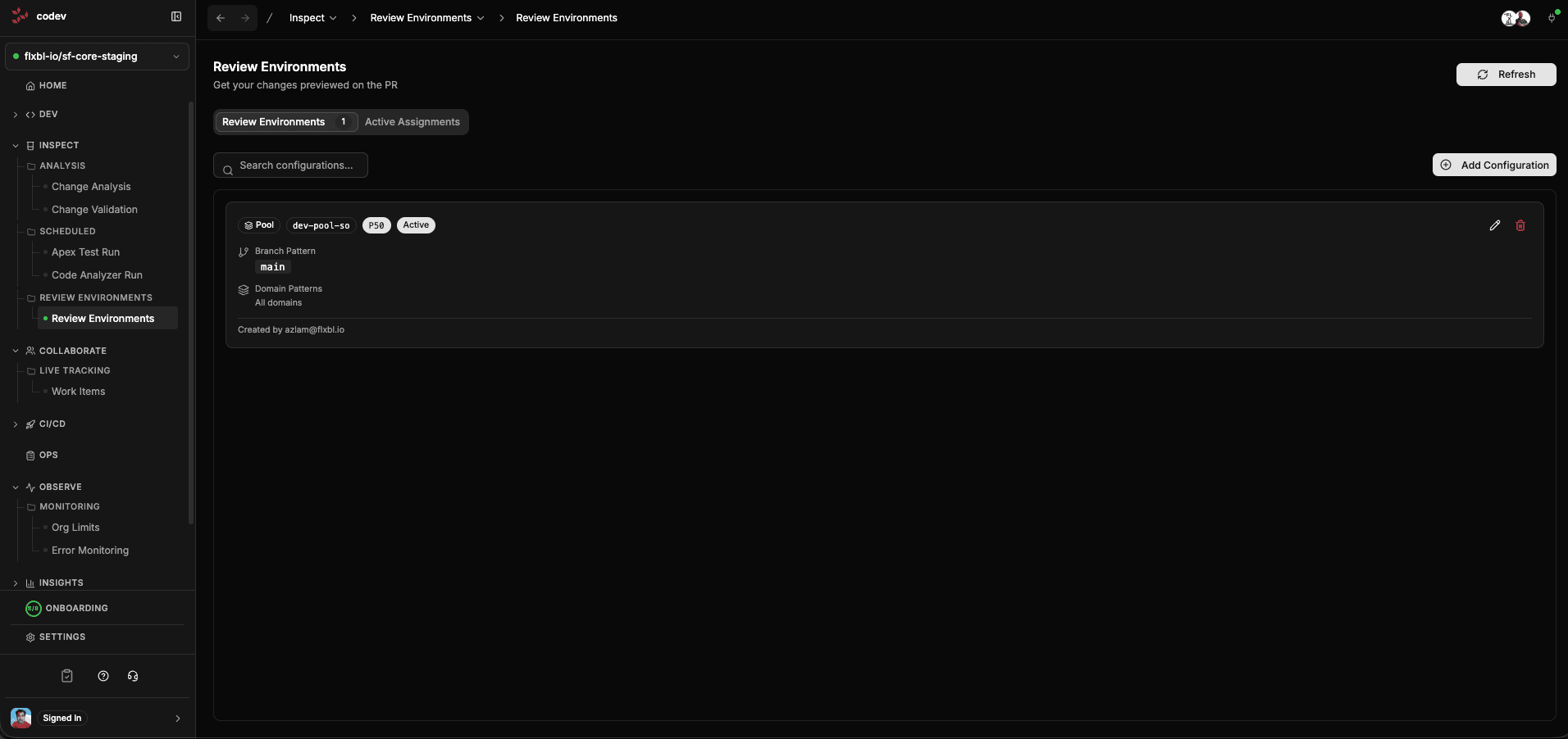 Review environments page showing assignment rules and active assignments