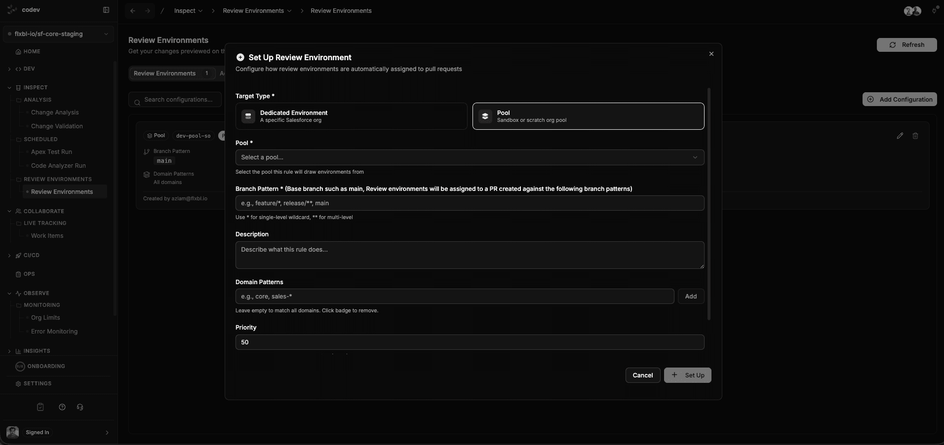 Set Up Review Environment dialog with target type, pool, branch pattern, and priority