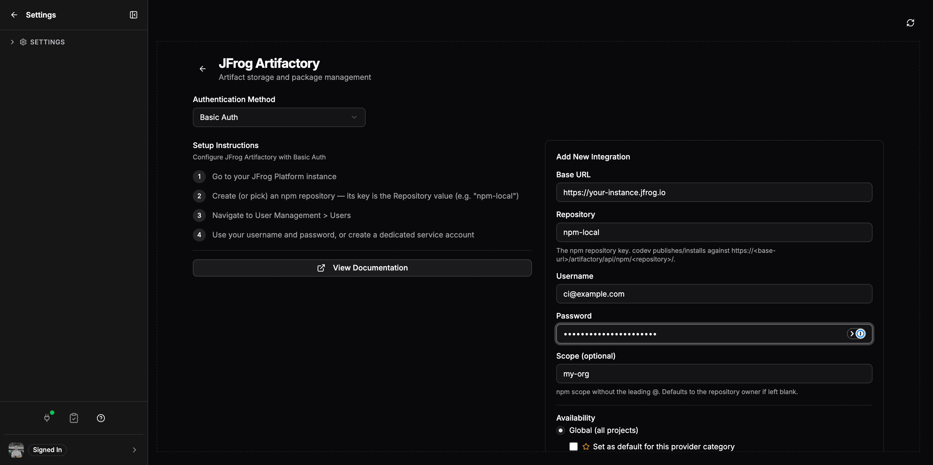 The JFrog Artifactory integration form with Base URL, Repository, Username, Password, and Scope fields