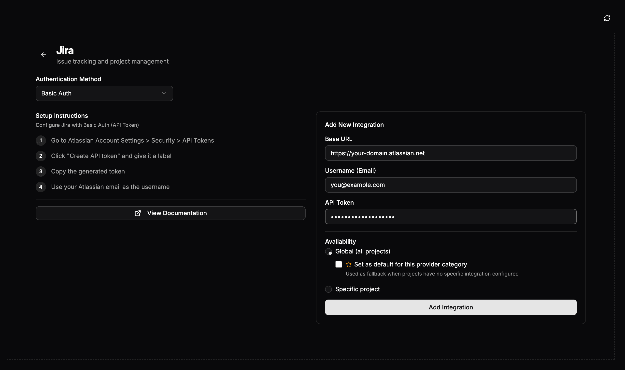 The Jira integration page with the Add New Integration form