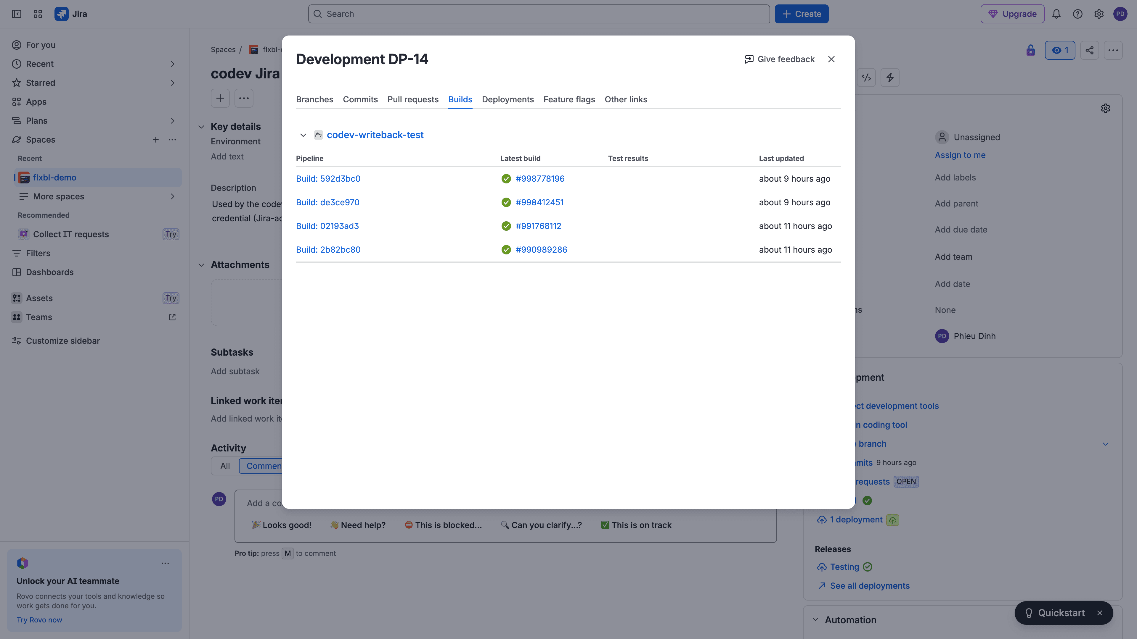 The Jira issue Development panel showing successful builds reported by codev with their commit references