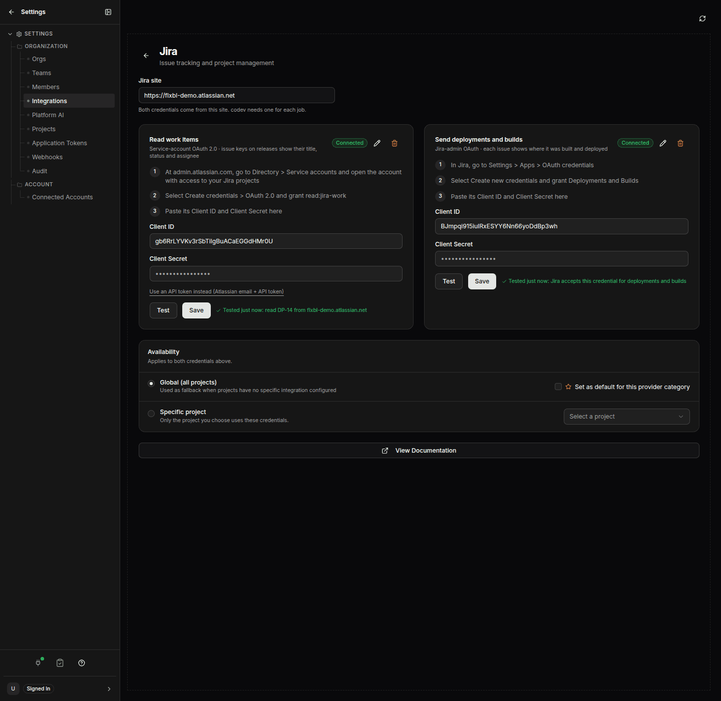 The Jira integration page with the Read work items and Send deployments and builds cards connected and tested