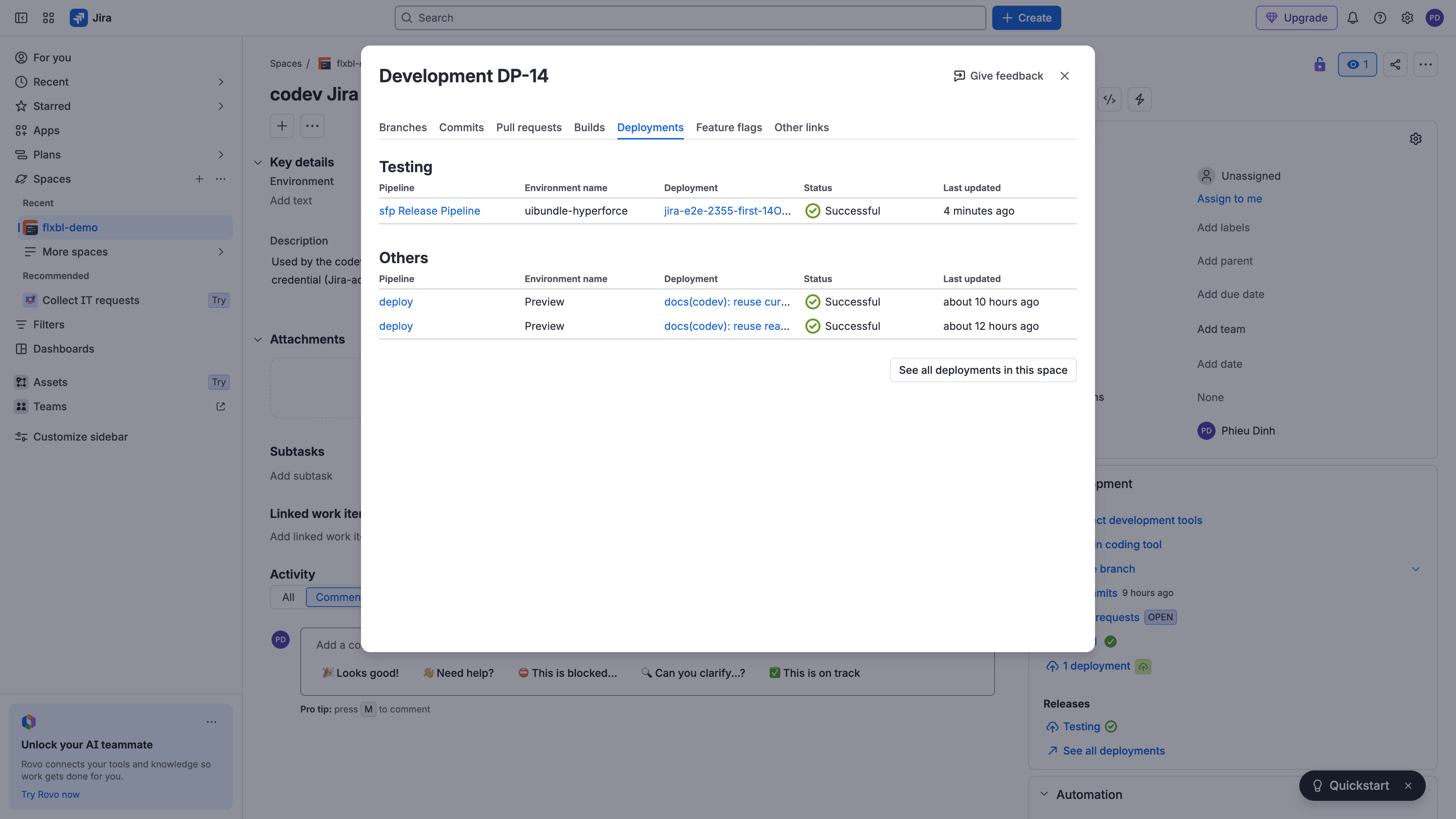Jira project Development view listing successful deployments against the referenced issues