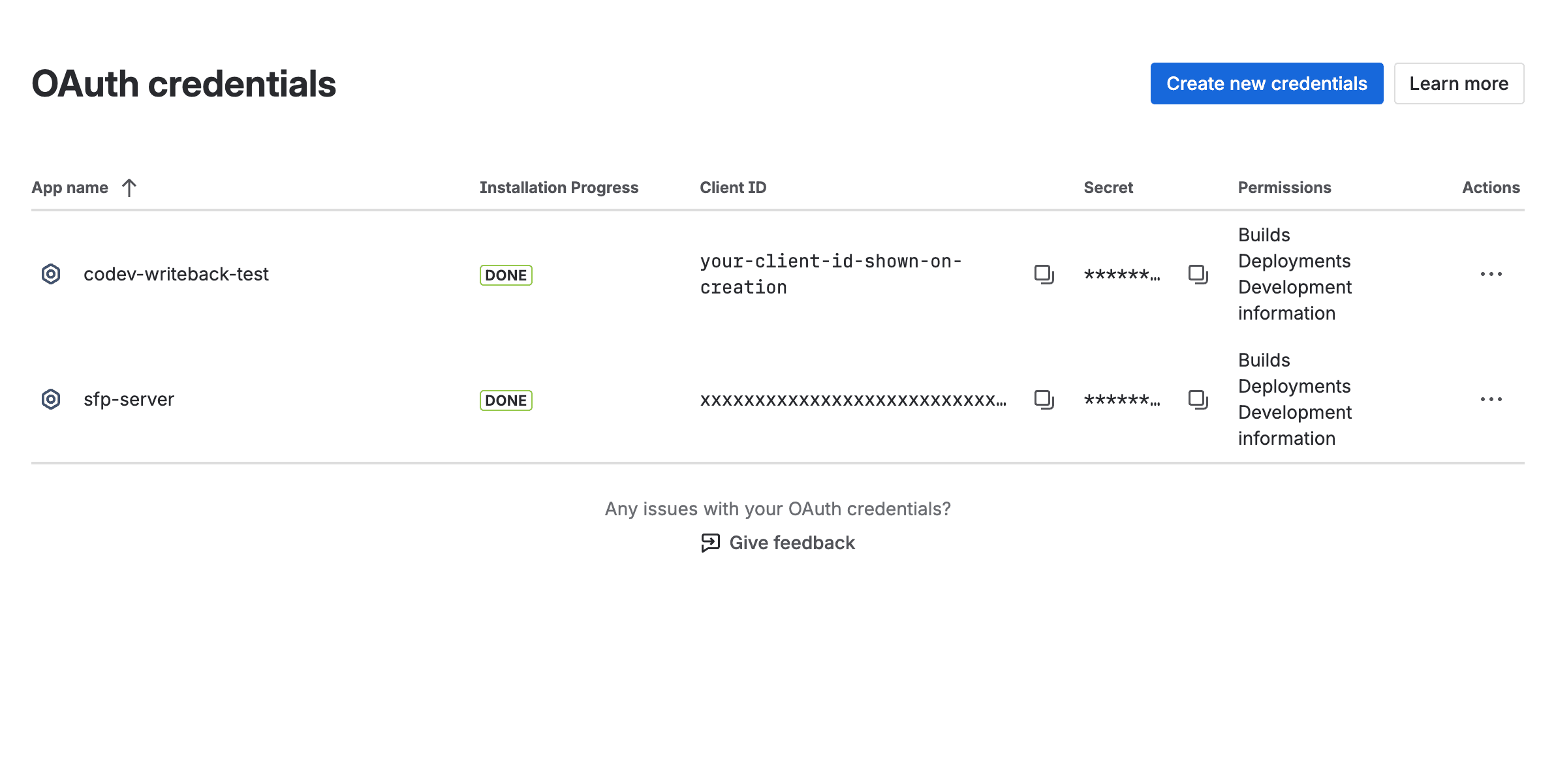 The Jira OAuth credentials admin page with a credential granting Builds and Deployments permissions