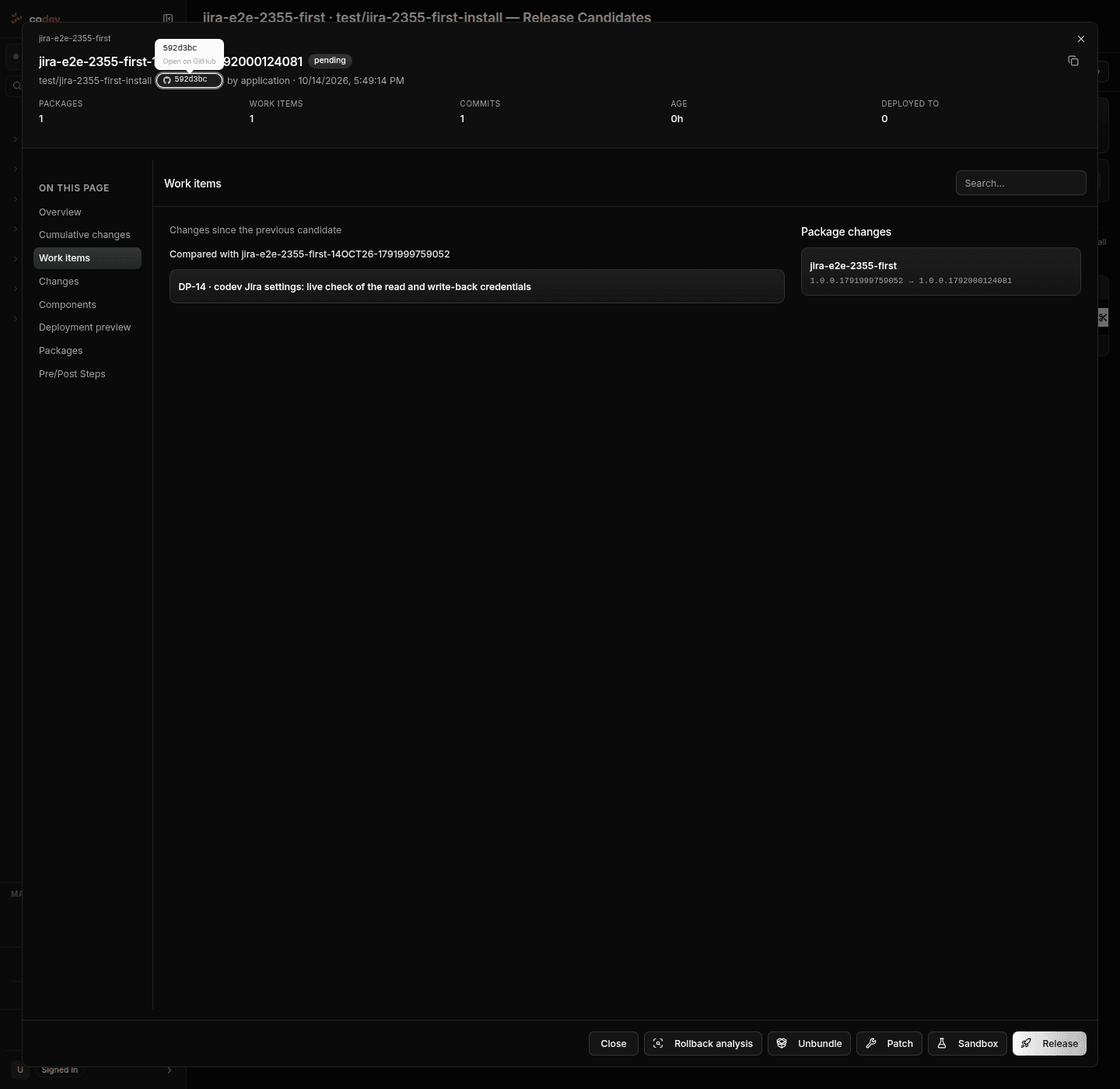 Release candidates with detected Jira issue keys shown in the Work Items column