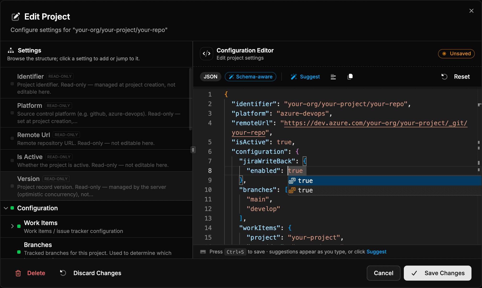 The project configuration editor with Jira write-back enabled