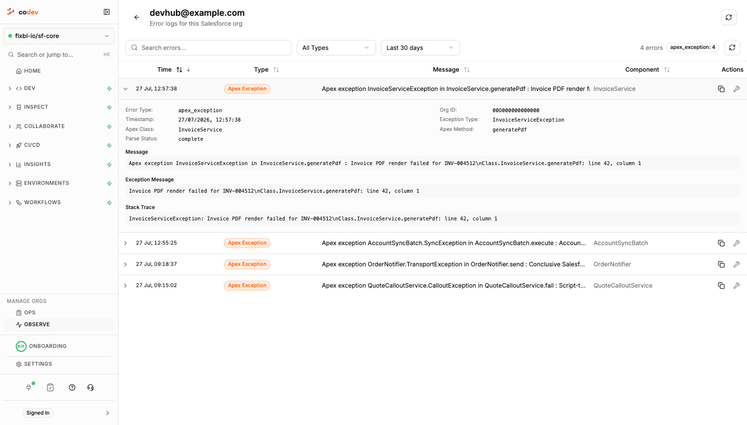 The per-org error list with one Apex exception expanded, showing the error type, class, method, message, and stack trace