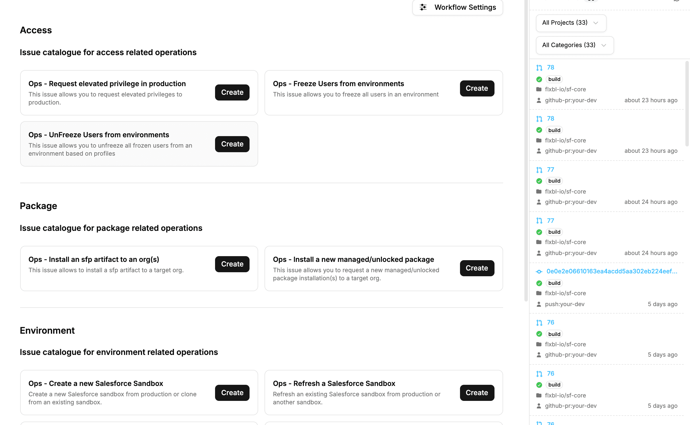 The Operations page with catalogue cards grouped into Access, Package, and Environment operations, and the Recent Runs panel alongside