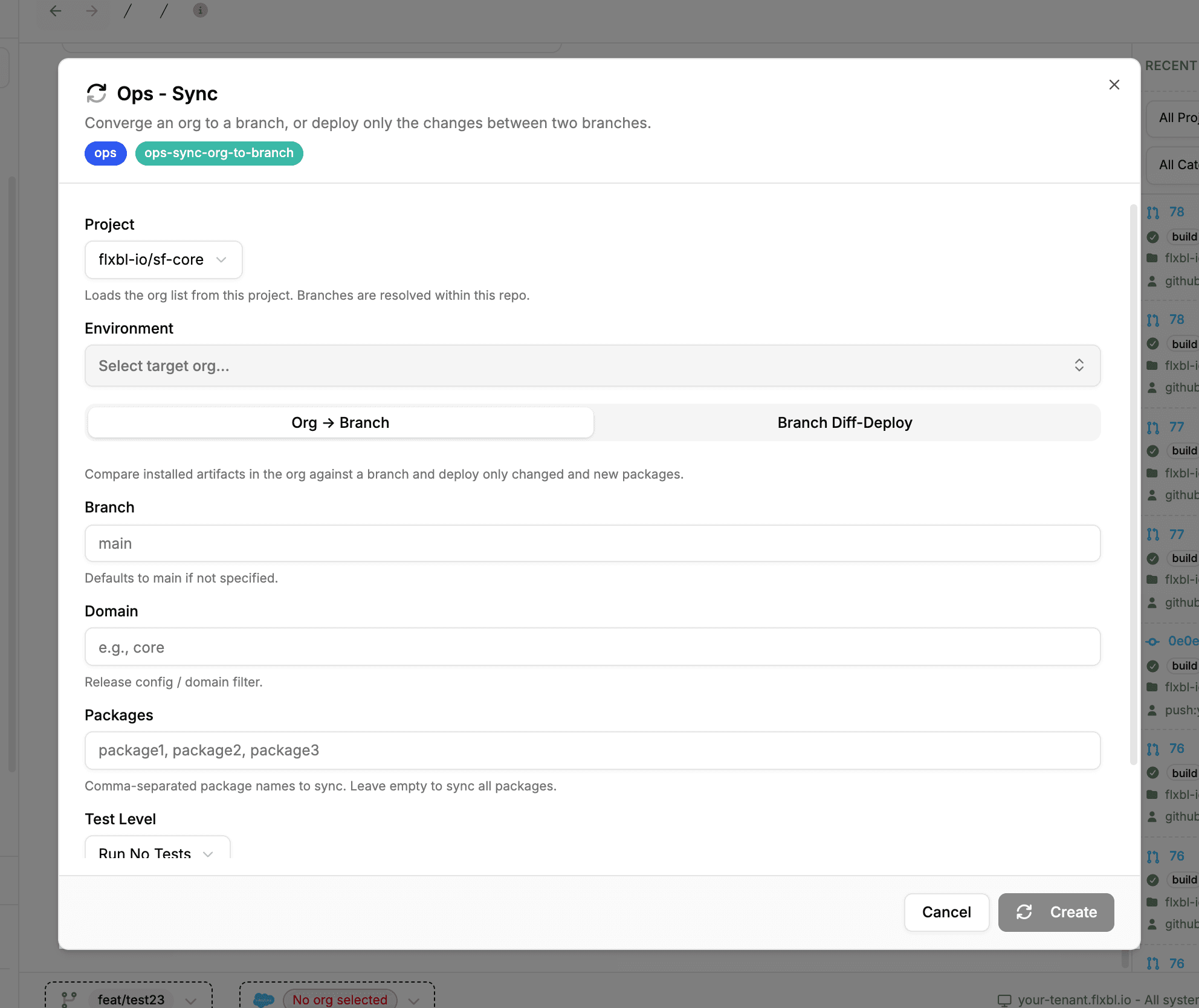 The Ops - Sync dialog with project, target environment, org-to-branch and branch-diff-deploy modes, branch, domain, packages, test level, and a dry run option