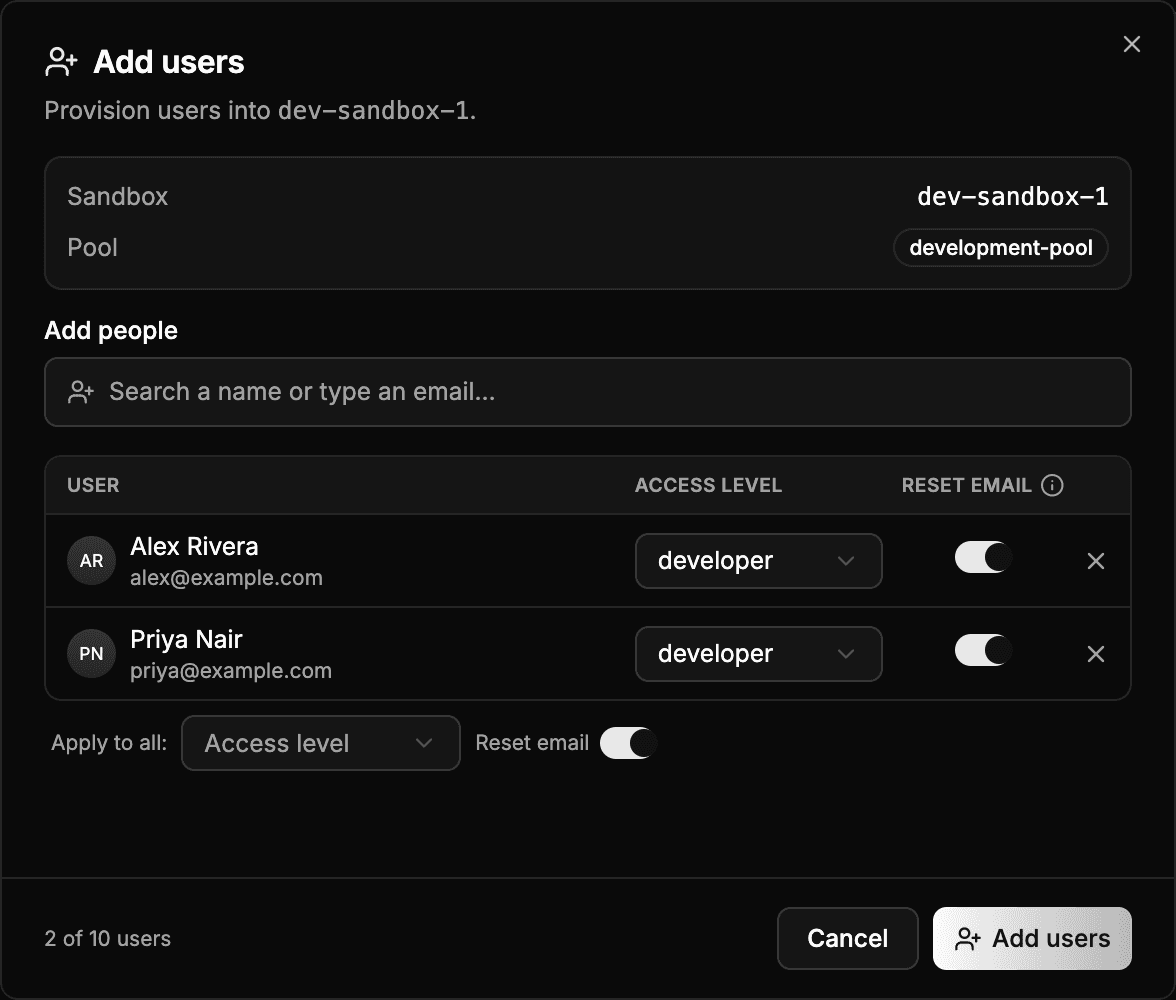 The Add users dialog with a per-user access level
