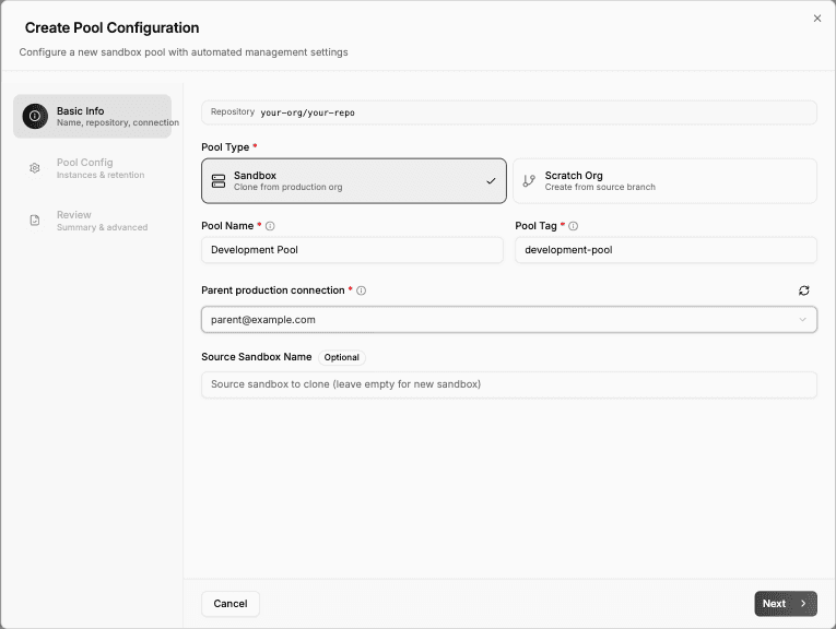 Create Pool wizard with pool type and Salesforce connection fields