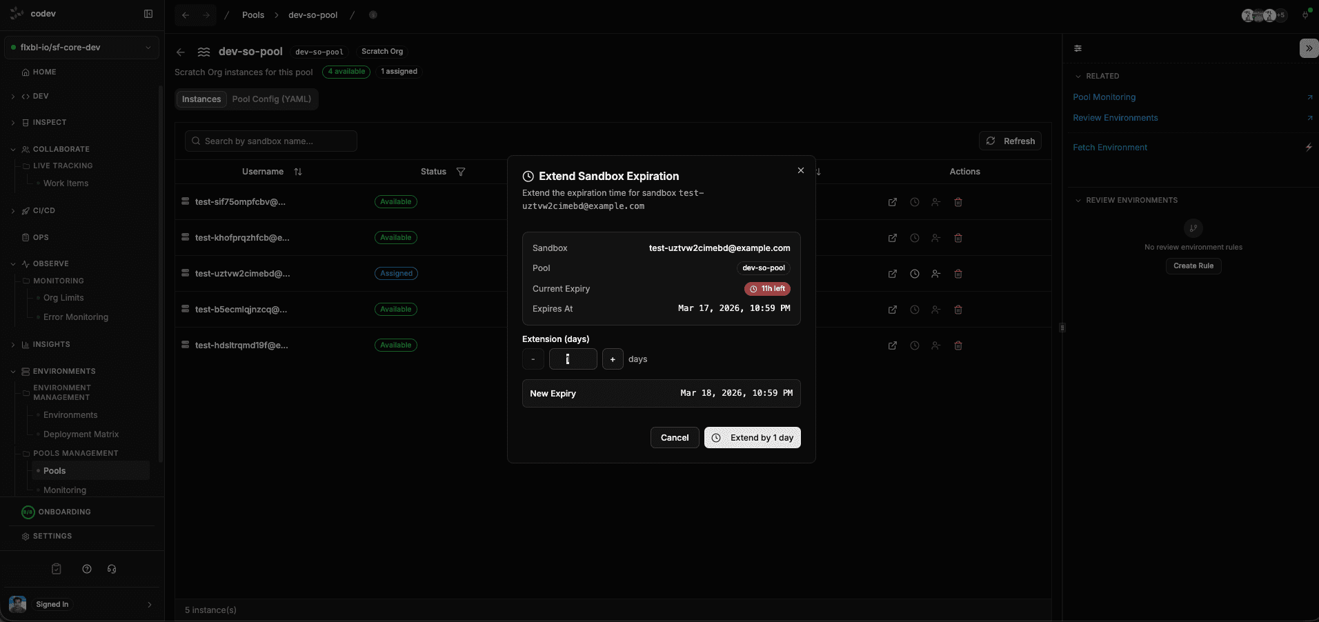 Extend Sandbox Expiration dialog