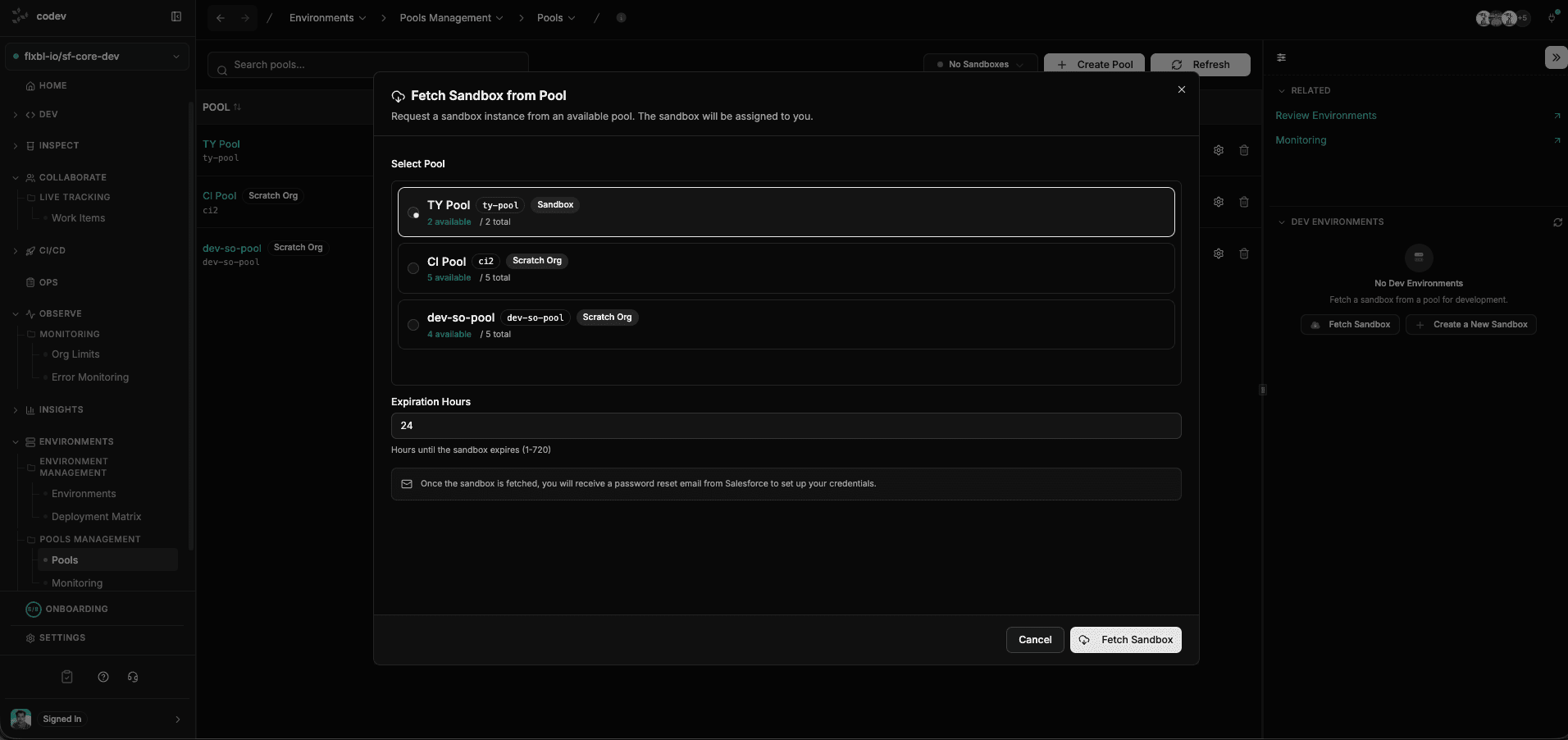 Fetch Sandbox dialog