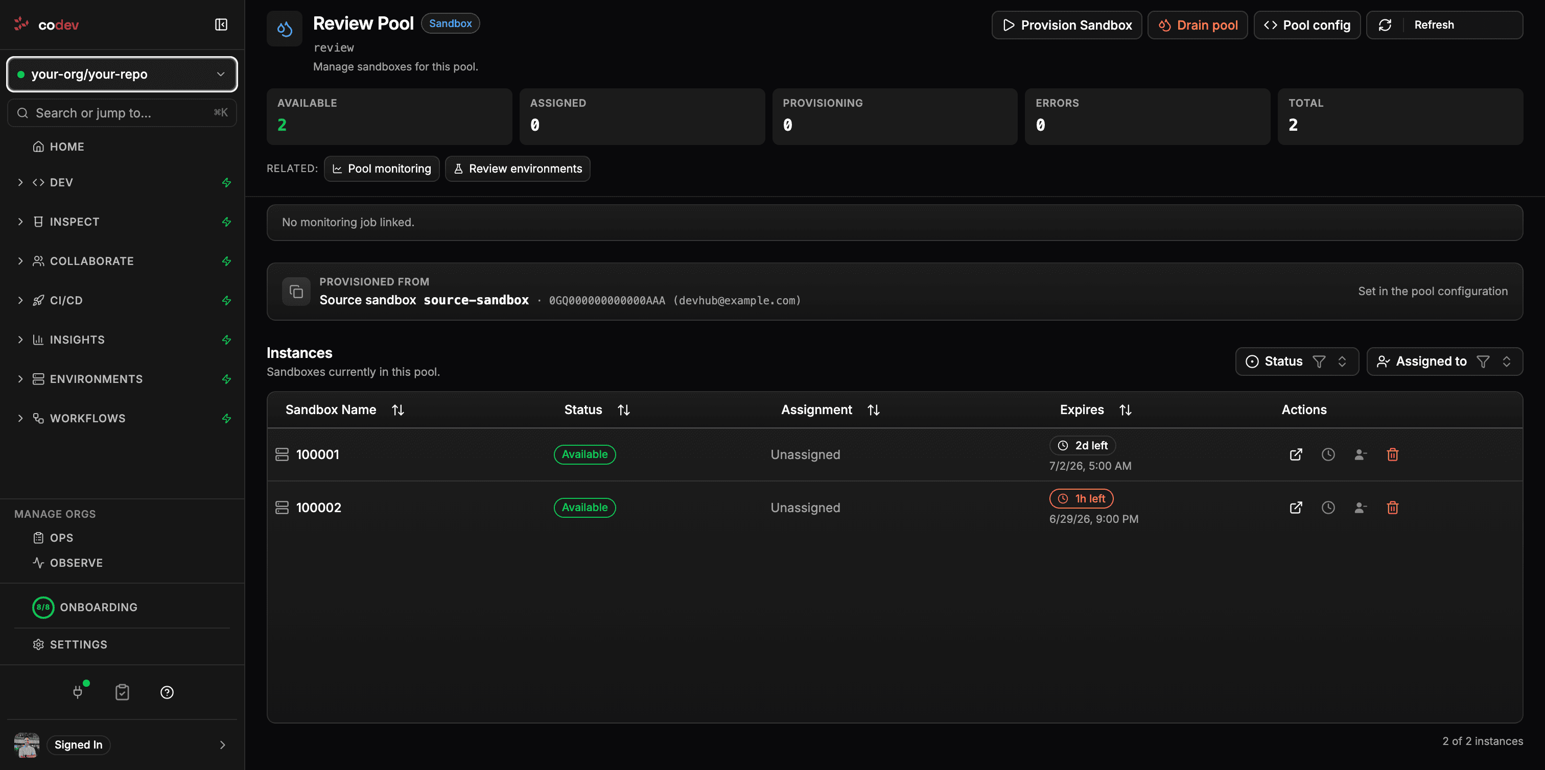 Provisioned from card on the pool detail page