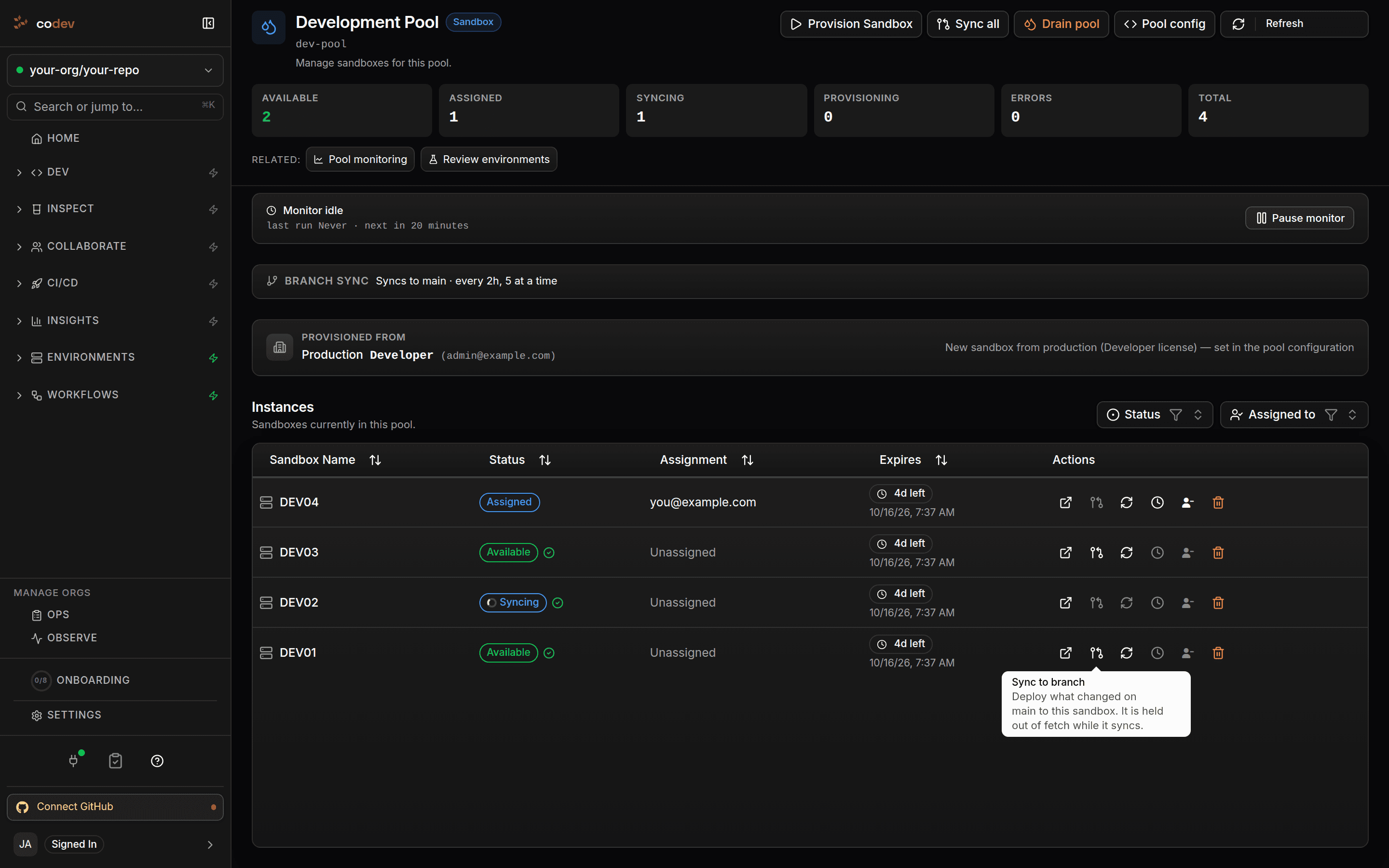 Pool detail page with a sandbox in the Syncing status