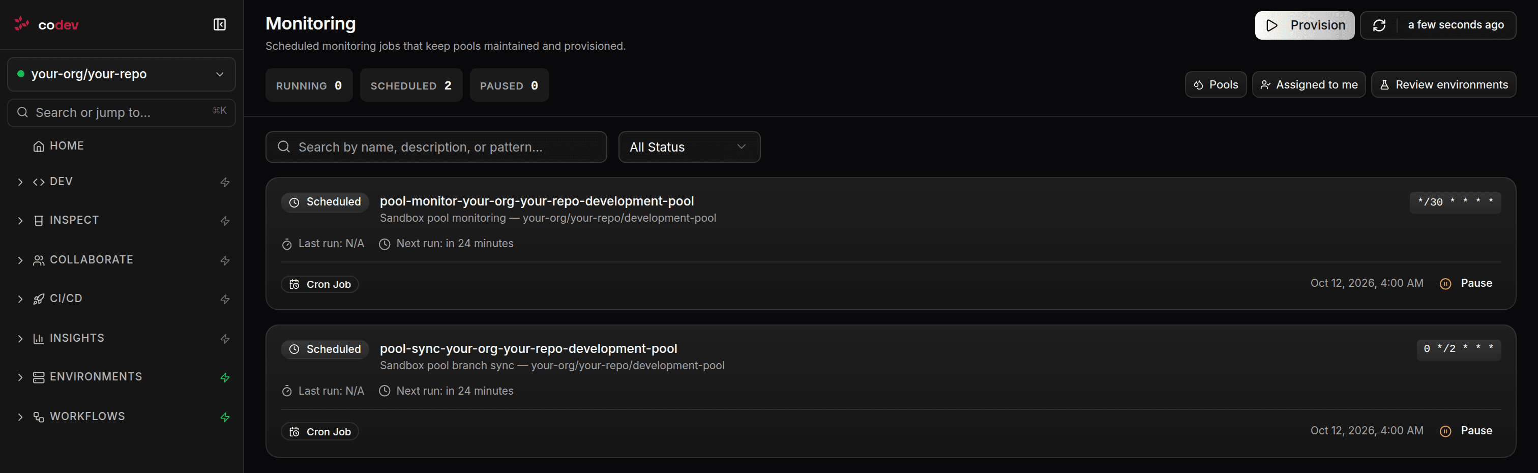 Monitoring page listing the pool monitoring job and the pool branch sync job