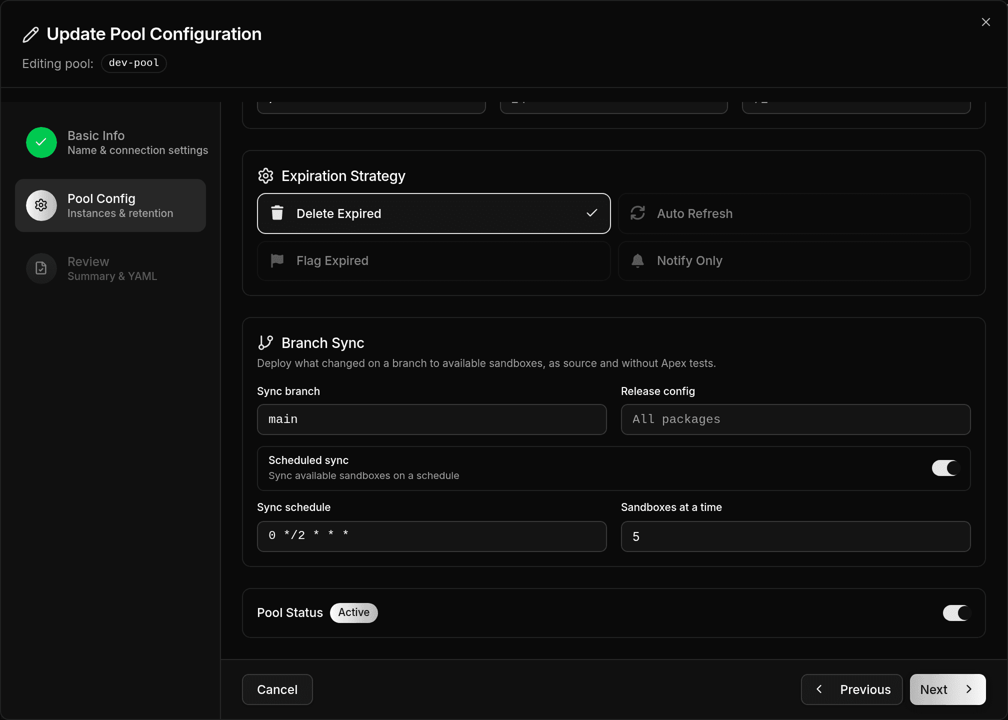 Branch Sync section of the Update Pool Configuration dialog