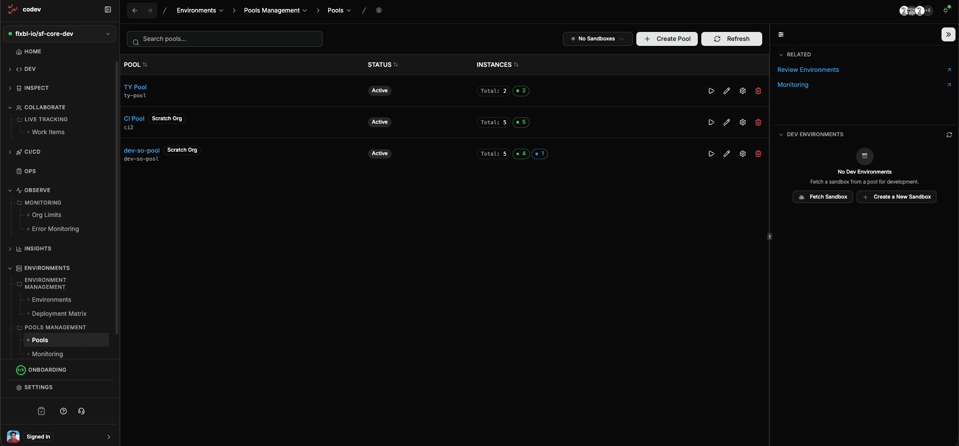 Pools page showing pools with instance counts and availability