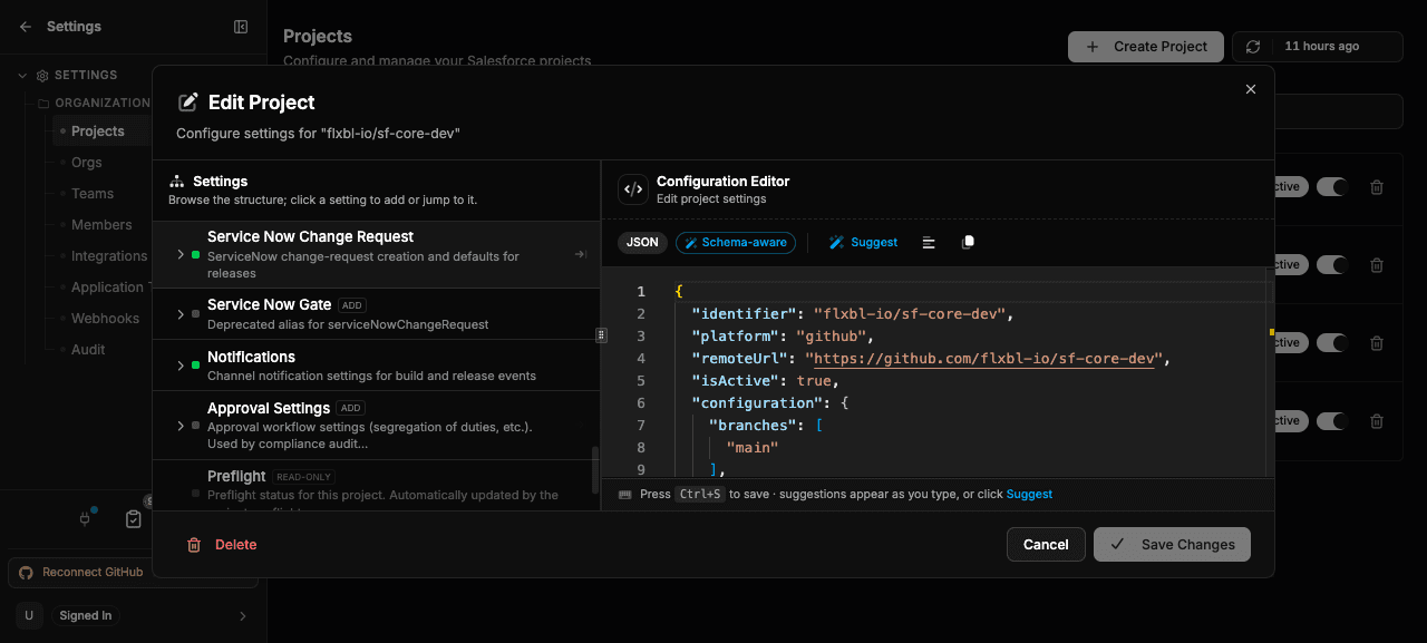 Editing approval settings in the project configuration
