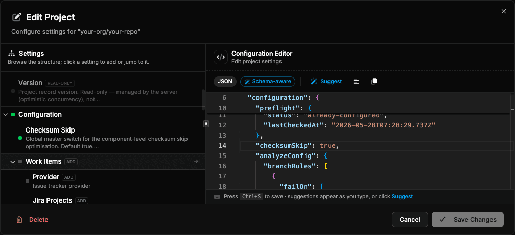 The Checksum Skip master switch in the project settings configuration editor