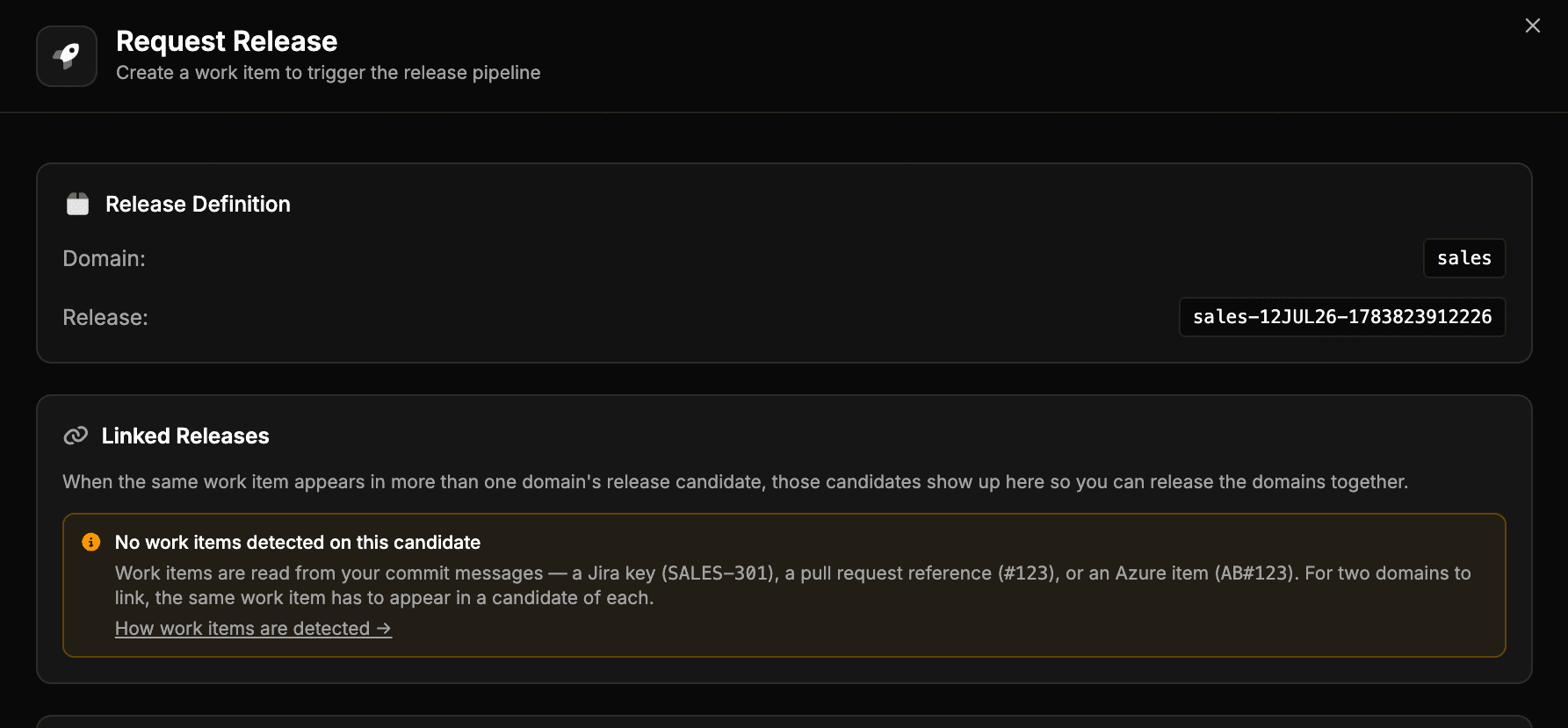 The Linked Releases section in the Request Release dialog