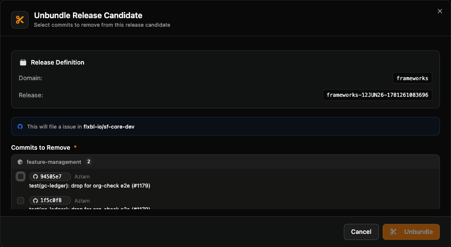 Unbundle dialog